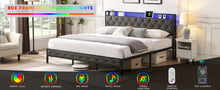 Load image into Gallery viewer, King Bed Frame with Storage Headboard, Charging Station and LED Lights, Upholstered Platform Bed with Heavy Metal Slats, No Box Spring Needed, Noise Free, Easy Assembly, Dark Gray
