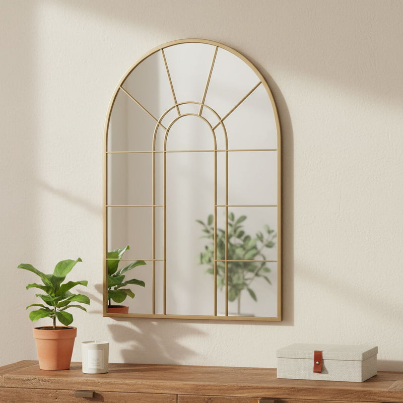 41" Arch Metal Window Pane Framed Accent Mirror - Gold