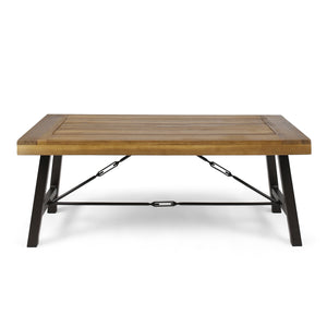 Outdoor Acacia Wood Coffee Table, Teak Finish / Rustic Metal Brown and Black, 27.25"D x 45.75"W x 18"H