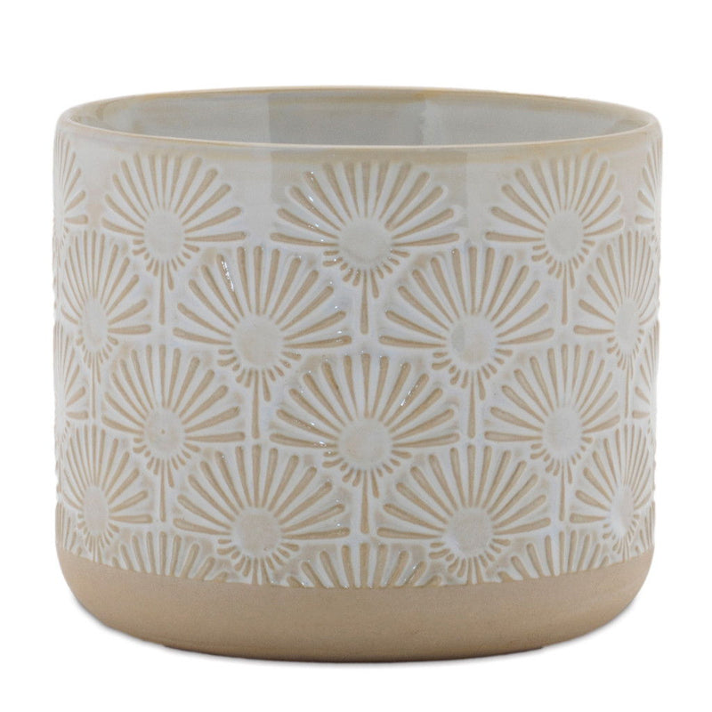 Porcelain Geometric Round Pot Planters (Set of 2) - Beige / White