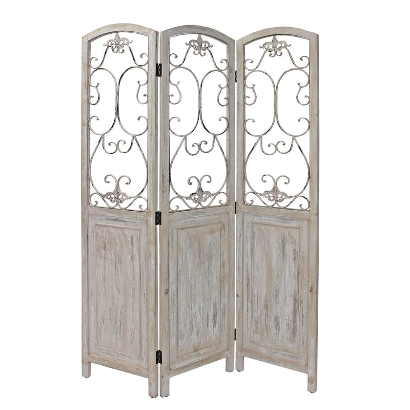 Romantic Scroll Three Panel Room Divider Screen - Whitewashed