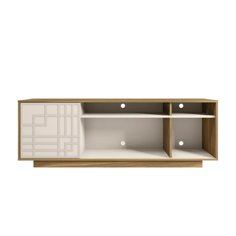 Carved Geometric Wood Enclosed Open Storage TV Stand - Oak / White