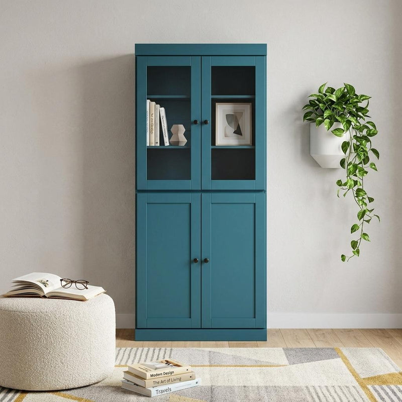 Solid Wood Adjustable Six Tier Library Bookcase With Four Doors (751509) - Teal Blue