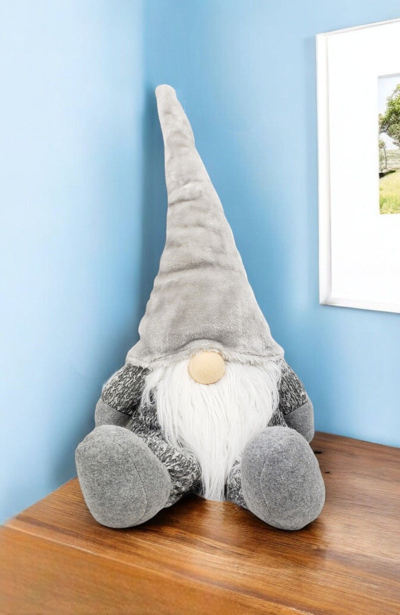 Fabric Christmas Santa Mrs. Claus Sitting Gnome - Gray / White