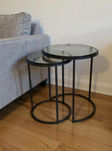 Load image into Gallery viewer, Clear And Gunmetal Glass And Iron Round Frame Nested Tables (Set of 2) - Nickel
