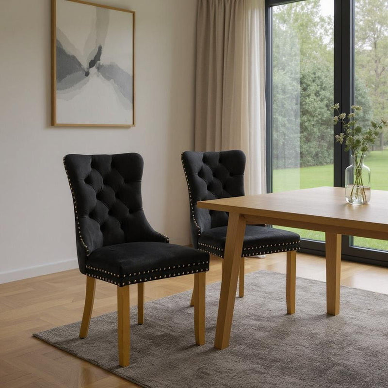 Tufted Velvet Solid Wood Dining Side Chairs (Set of 2) - Black / Gold
