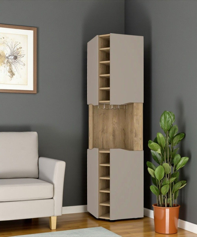 72" Wood Corner Bar Cabinet With Four Doors - Brown And Taupe