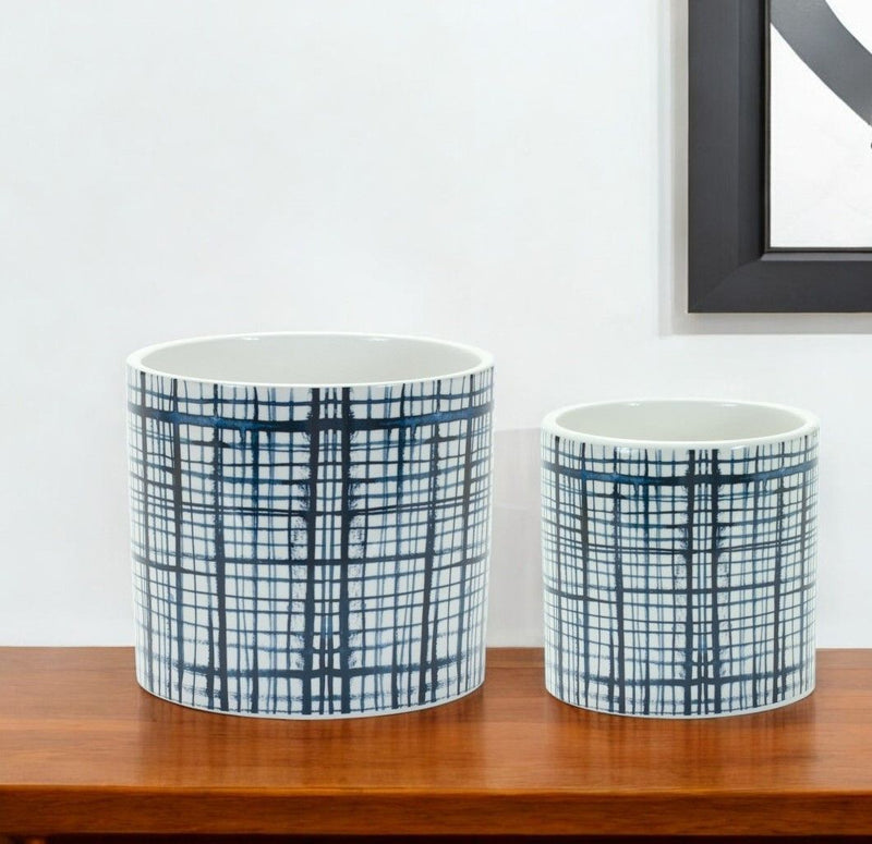 Lattice Round Pot Planters (Set of 2) - White / Blue
