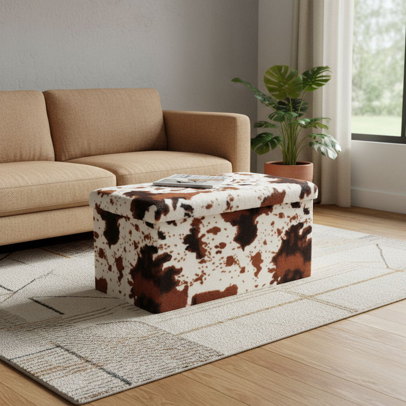 30" Plastic Cow Print Storage Ottoman - White / Black
