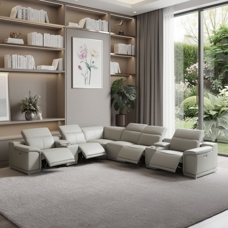 Italian Leather Power Reclining U Shaped 8 Piece Corner Sectional With Console - Light Gray