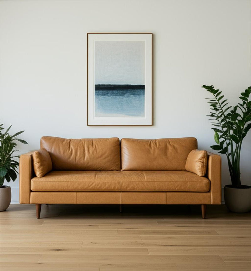 Leather Sofa Toss Pillows With Brown Legs - Tan