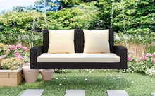 Load image into Gallery viewer, GO 2-Person Wicker Hanging Porch Swing with Chains, Cushion, Pillow, Rattan Swing Bench for Garden, Backyard, Pond. (Brown Wicker, Beige Cushion)
