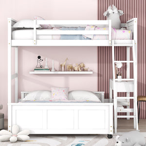 Twin Over Full Bunk Bed with Desk, White