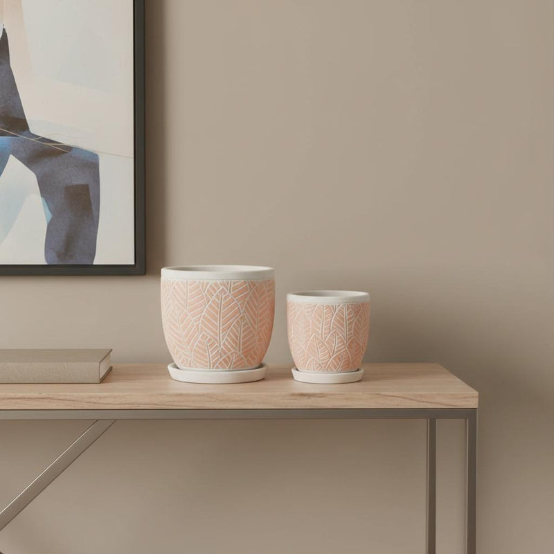 Leaf Round Pot Planters (Set of 2) (721450) - Pink / Beige