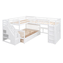 Load image into Gallery viewer, Twin-Twin over Full L-Shaped Bunk Bed With 3 Drawers, Portable Desk and Wardrobe, White
