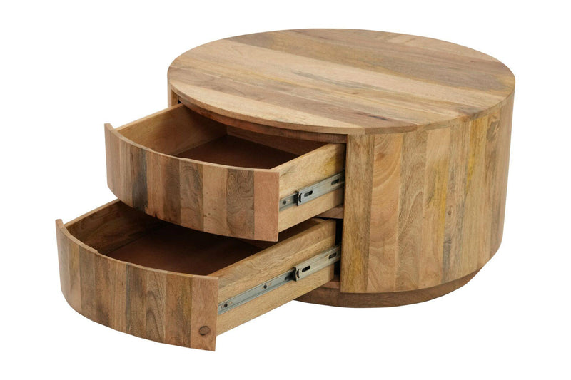 Round Drum Coffee Table With Two Drawers - Natural