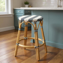 Load image into Gallery viewer, Natural Rattan Backless Counter Height Bar Chair - Blue / White
