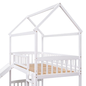 Twin Over Twin Bunk Bed with Slide, House Bed with Slide, White(OLD SKU: LT000214AAK)