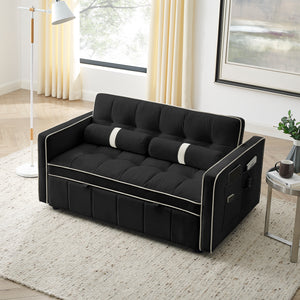 Modern 55.5" Pull Out Sleep Sofa Bed 2 Seater Loveseats Sofa Couch with side pockets, Adjsutable Backrest and Lumbar Pillows for Apartment Office Living Room