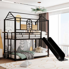 Load image into Gallery viewer, Twin Over Twin Metal Bunk Bed ,Metal Housebed With Slide,Three Colors Available.(Black with Black  Slide)(OLD SKU :LP000095AAB)
