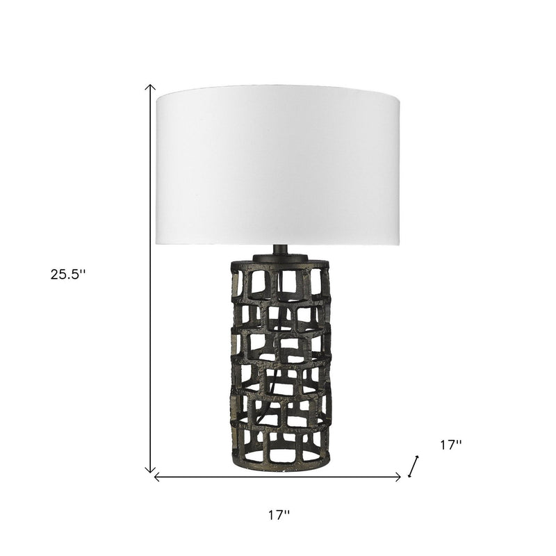 Metal Column Table Lamp With White Drum Shade - Black