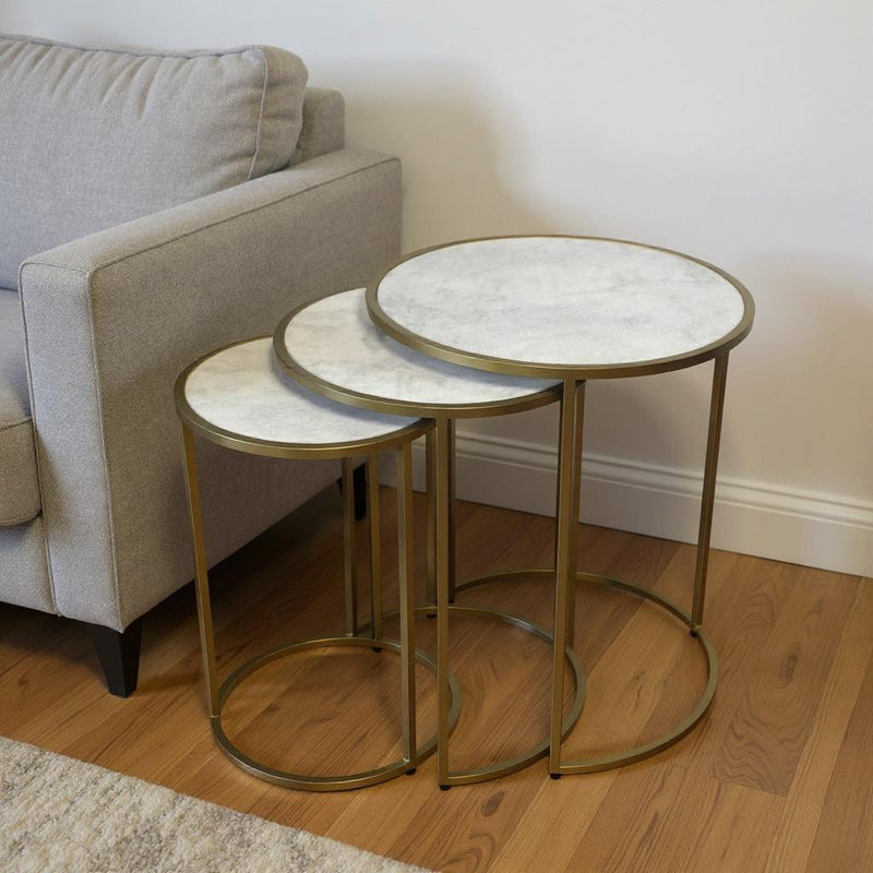 Marble And Iron Round Frame Nested Tables (Set of 3) - Antiqued Gold