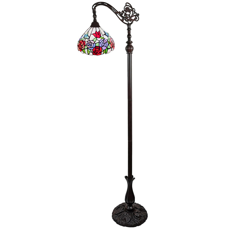 Traditional Shaped Floor Lamp With White And Red Stained Glass Bowl Shade - Brown