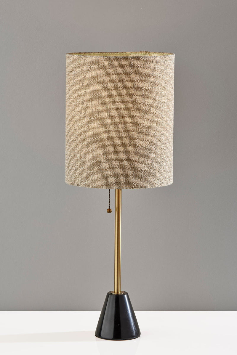 Marble And Metal Table Lamp With Beige Drum Shade - Black And Gold
