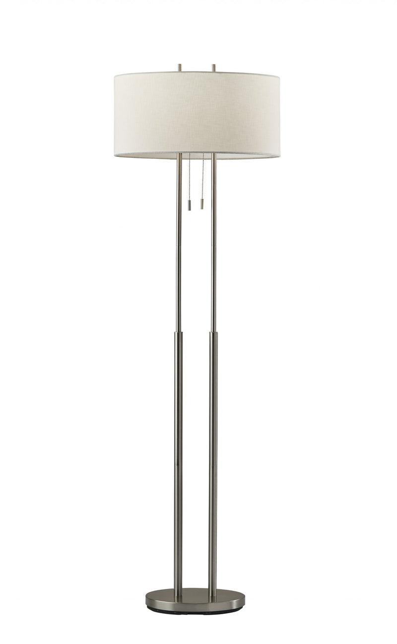 Brushed Task Floor Lamp With Fabric Drum Shade - Silver / White