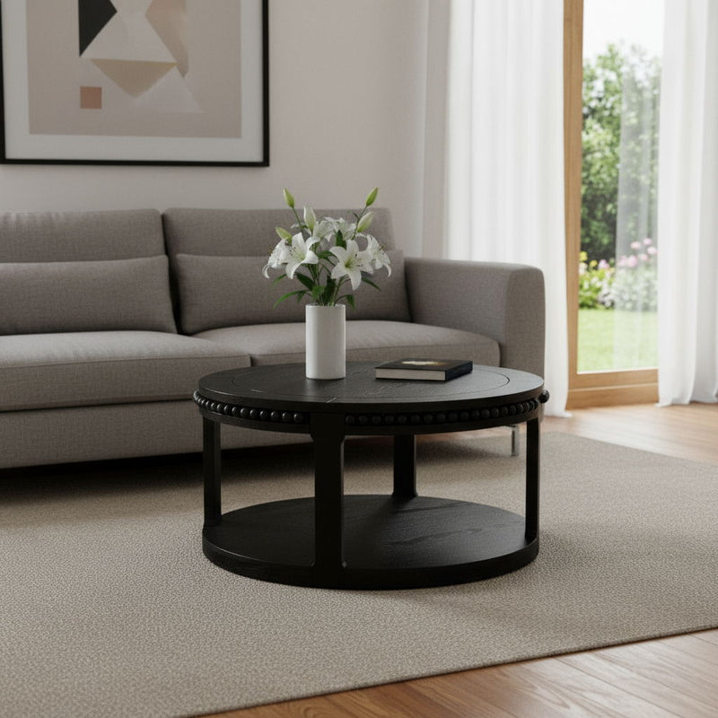 Floor Shelf Beaded Round Coffee Table - Black