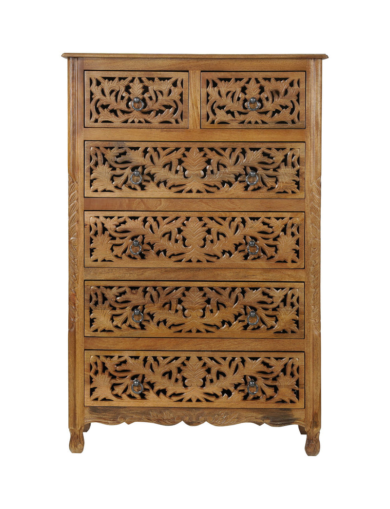 Carved Floral Solid Wood Six Drawer Dresser - Brown
