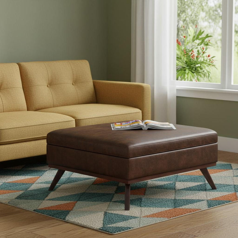 40" Leather Cocktail Ottoman With Storage - Brown