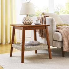 Load image into Gallery viewer, Mid - Century Square Side Table With Woven Shelf - Walnut

