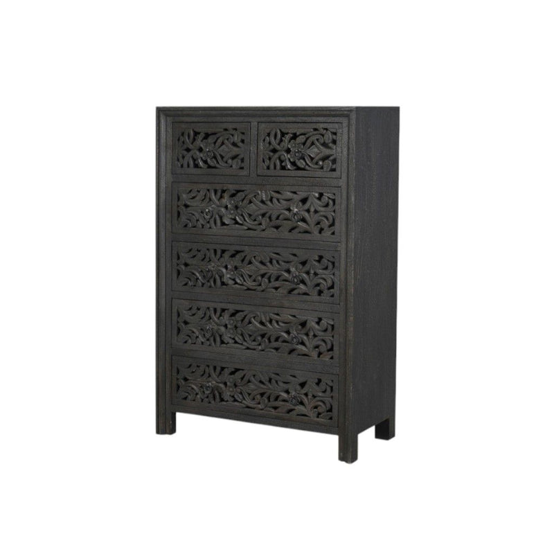 35" Carved Floral Solid Wood Six Drawer Dresser - Black