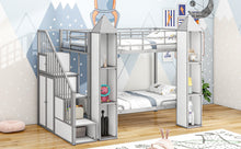 Load image into Gallery viewer, Metal Twin over Twin Castle-shaped Bunk Bed with Wardrobe and Multiple Storage, Gray+White
