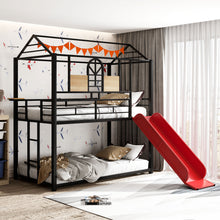 Load image into Gallery viewer, Twin Over Twin Metal Bunk Bed ,Metal Housebed With Slide,Three Colors Available.(Black with Red Slide)(OLD SKU :LP000095AAJ)
