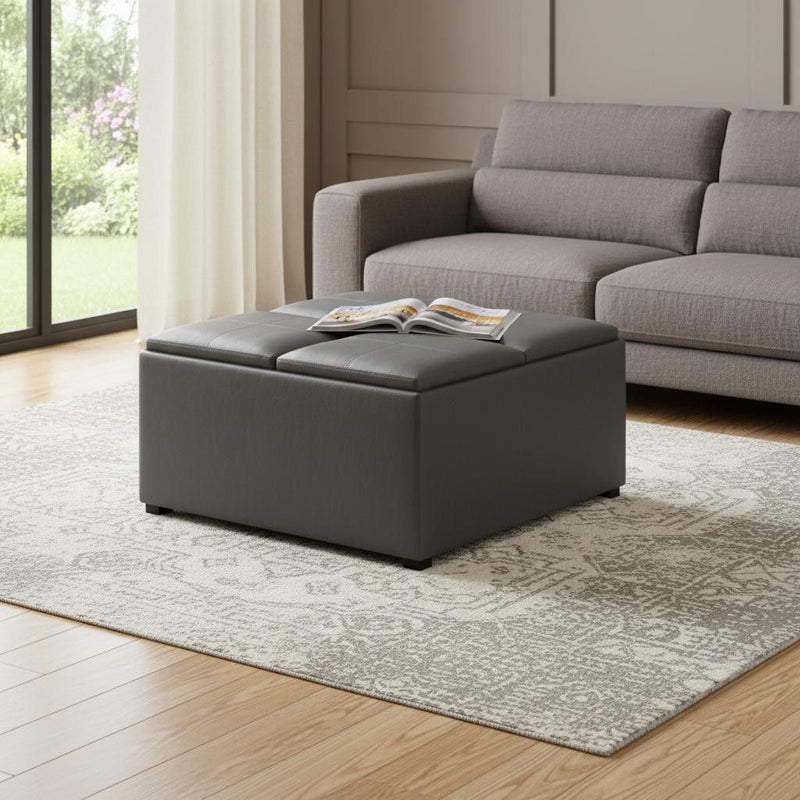 35" Leather Cocktail Ottoman With Storage - Gray / Dark Brown