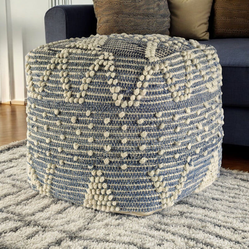 Square Pouf With Cotton Stitched - Blue Denim / Ivory