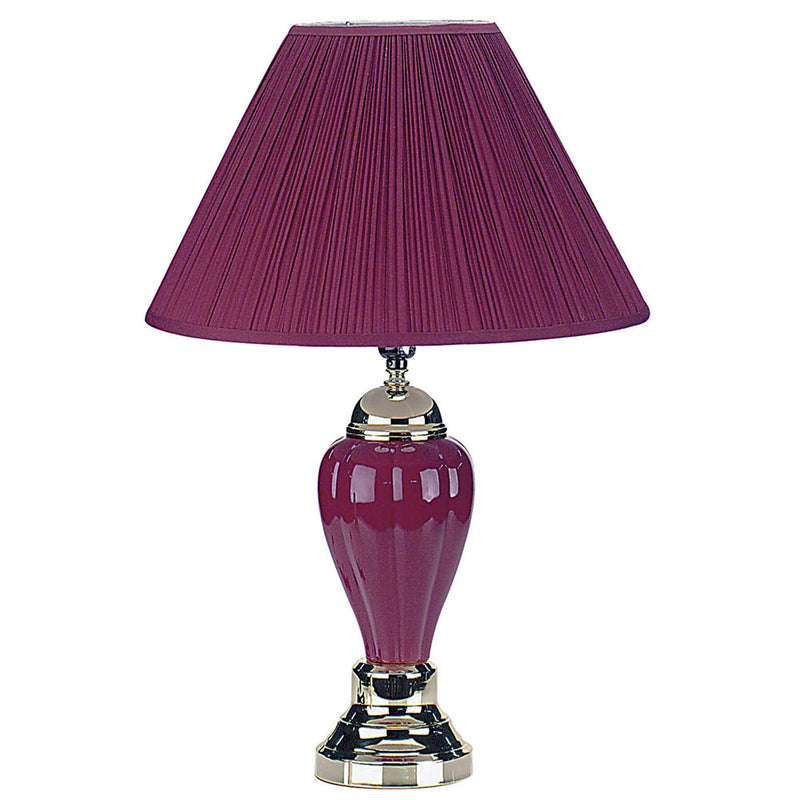 Ceramic Bedside Table Lamp With Magenta Empire Shade - Silver