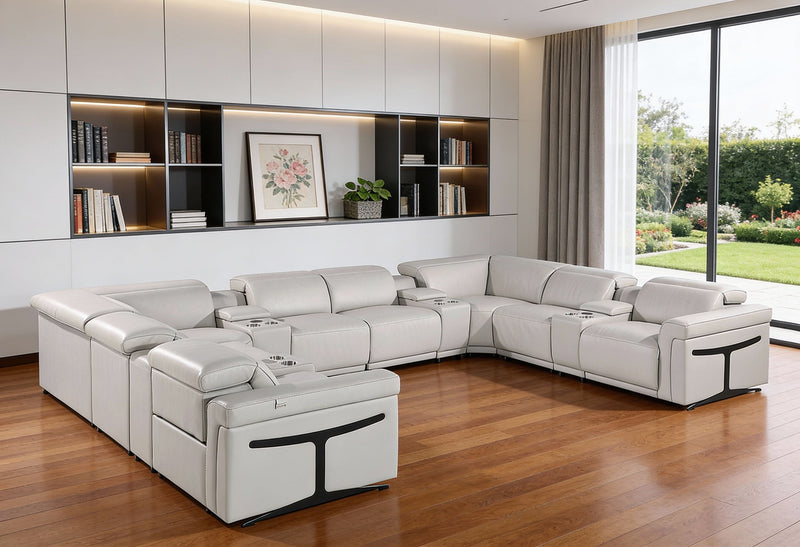 Italian Leather Power Reclining U Shaped Twelve Piece Sectional With Console - Light Gray