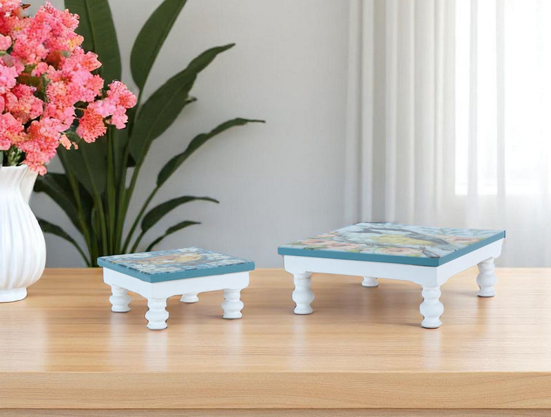 Solid Manufactured Wood Floral Square Riser Tray (Set of 2) - Blue / White