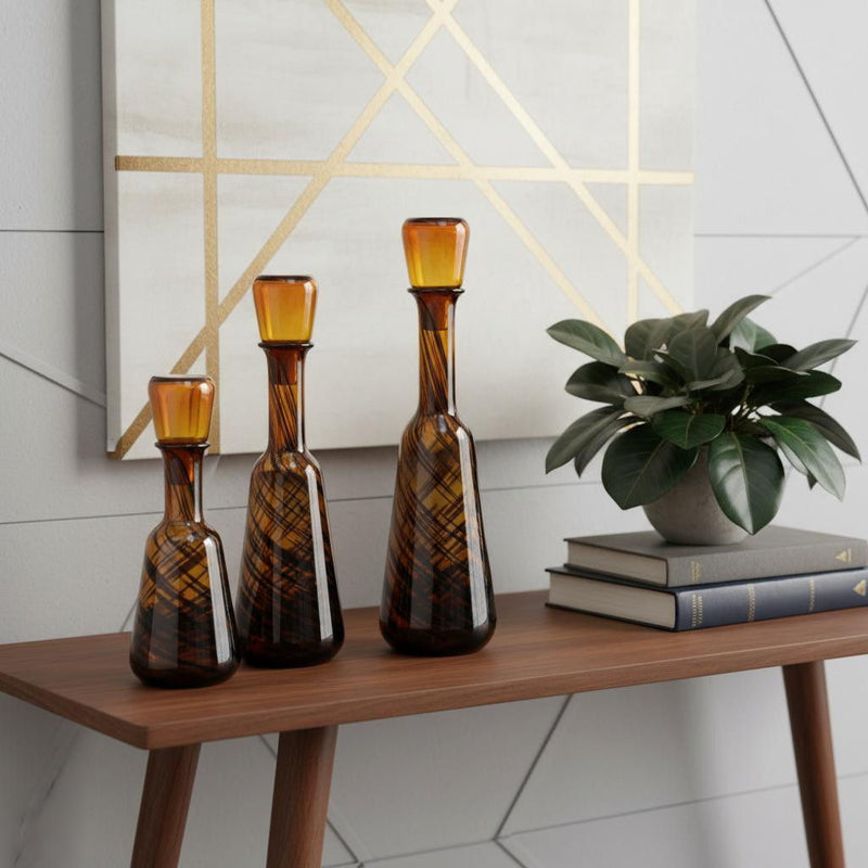 Abstract Swirl Decorative Bottles With Stoppers (Set of 3) - Amber / Brown