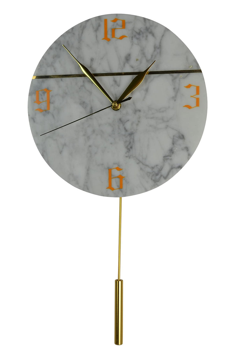 Marble Silent Pendulum Marble Round Wall Clock - White / Gold