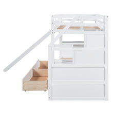 Load image into Gallery viewer, Twin over Twin Bunk Bed with Storage Staircase, Slide and Drawers, Desk with Drawers and Shelves, White
