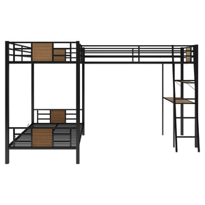 L-Shaped Twin over Twin Bunk Bed with Twin Size Loft Bed with Desk and Shelf ,Brown