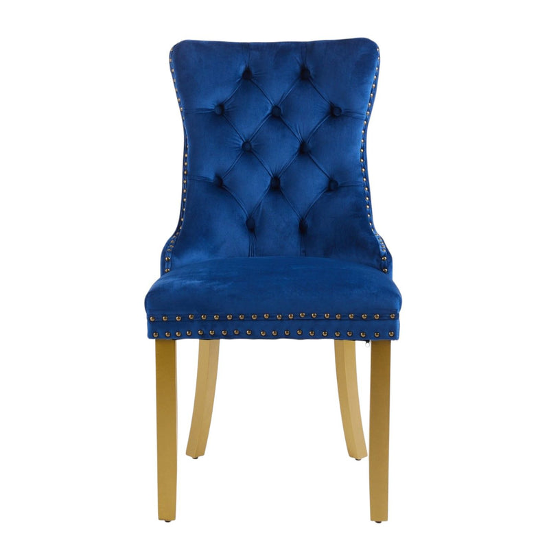 Tufted Solid Wood Dining Side Chairs (Set of 2) - Blue / Gold