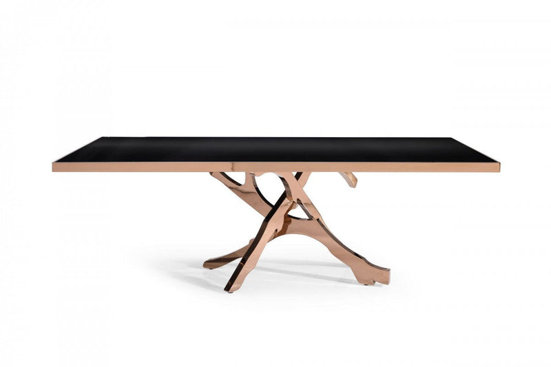 87" Glass And Stainless Steel Pedestal Base Dining Table - Black / Gold