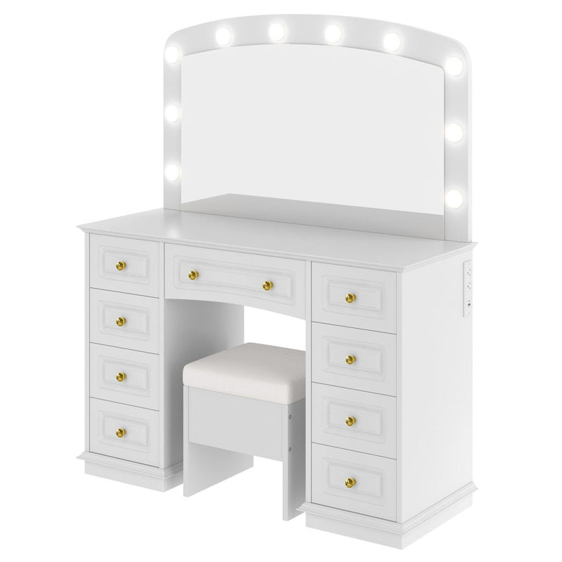 Mirrored Nine Drawer Vanity Table Lights - White