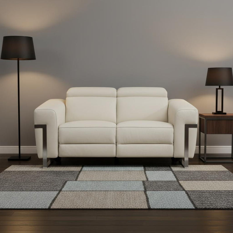 Italian Leather Power Reclining Loveseat - Beige / Silver