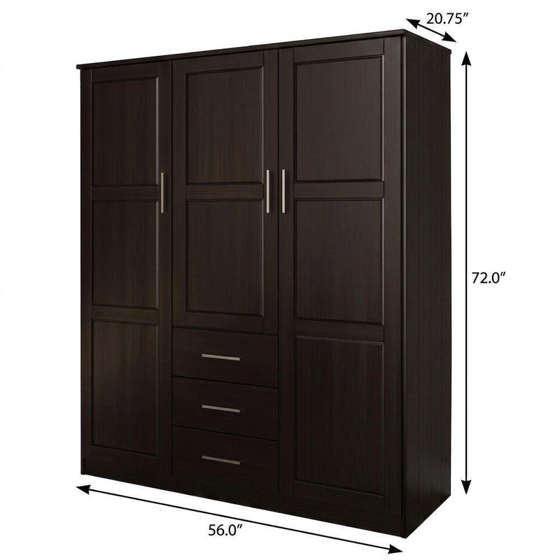 Solid Wood Three Door Three Drawer Combo Dresser - Dark Brown
